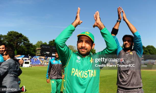 Sarfraz Ahmed of Pakistan celebrates victory during the ICC Champions Trophy Semi Final match between England and Pakistan at the SWALEC Stadium on...