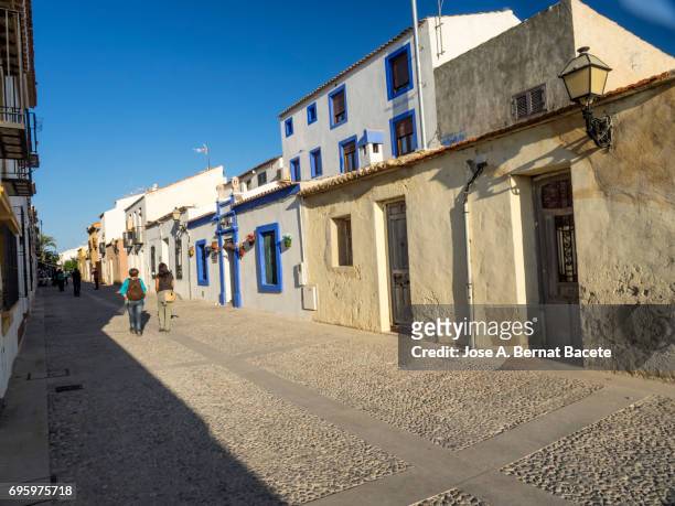 persons walking along an ancient and tourist street of tabarca's island  in alicante, valencian community, spain. - flower pot island stock pictures, royalty-free photos & images