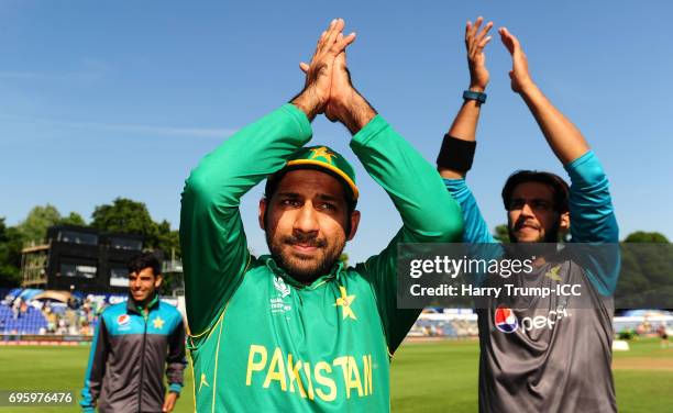 Sarfraz Ahmed of Pakistan celebrates victory during the ICC Champions Trophy Semi Final match between England and Pakistan at the SWALEC Stadium on...