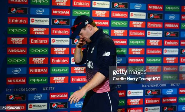 Eoin Morgan of England leaves the press conference during the ICC Champions Trophy Semi Final match between England and Pakistan at the SWALEC...