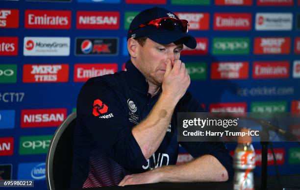 Eoin Morgan of England looks on during the ICC Champions Trophy Semi Final match between England and Pakistan at the SWALEC Stadium on June 14, 2017...