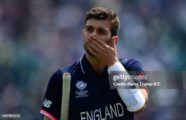 Mark Wood of England reacts after being run out during the ICC Champions Trophy Semi Final match between England and Pakistan at the SWALEC Stadium...