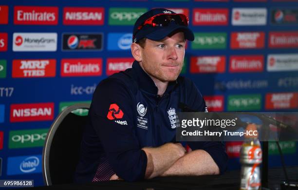 Eoin Morgan of England looks on during the ICC Champions Trophy Semi Final match between England and Pakistan at the SWALEC Stadium on June 14, 2017...