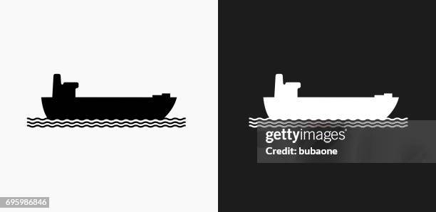 freight ship icon on black and white vector backgrounds - cargo ship stock illustrations