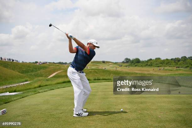 Sergio Garcia of Spain plays a tee shot during a practice round prior to the 2017 U.S. Open at Erin Hills on June 14, 2017 in Hartford, Wisconsin.