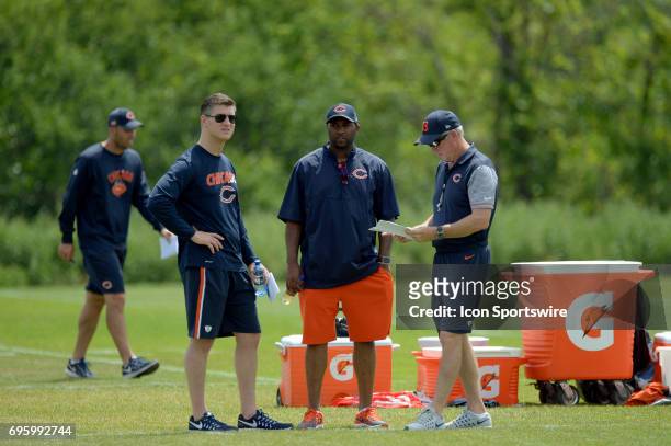 Chicago Bears head coach John Fox and Chicago Bears General Manager Ryan Pace discuss practice material during the Bears minicamp workouts on June...