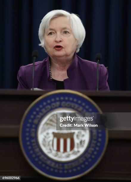 Federal Reserve Board Chairwoman Janet Yellen speaks during a news conference following a meeting of the Federal Open Market Committee June 14, 2017...