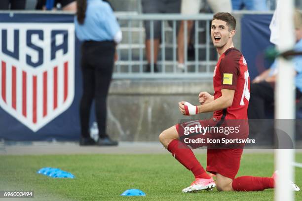 United States midfielder Christian Pulisic celebrates with fans and teammates after scoring a goal during the FIFA 2018 World Cup Qualifier match...