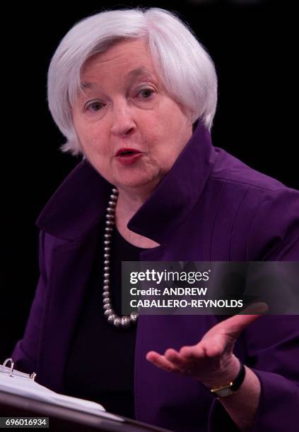 Federal Reserve Chair Janet Yellen speaks during a press conference after the Federal Open Market Committee meeting in Washington, DC on June 14,...