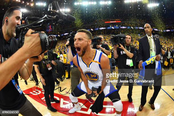 Stephen Curry of the Golden State Warriors celebrates after winning the NBA Championship against the Cleveland Cavaliers in Game Five of the 2017 NBA...