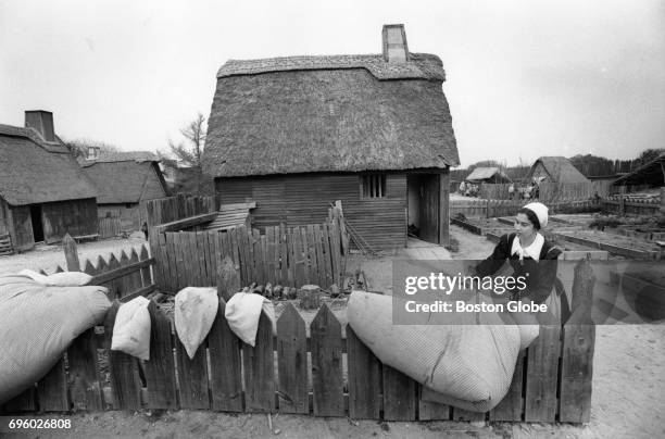 Patience Prence, of the 17th century Plimoth Plantation, beats dust from pillows and mattresses outside her house in Plymouth, Mass., Nov. 10, 1983.