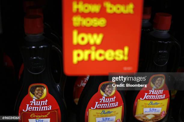 Quaker Oats Co. Aunt Jemima brand pancake syrup is displayed for sale inside a Kroger Co. Grocery store in Louisville, Kentucky, U.S., on Wednesday,...