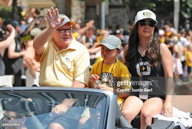 Pittsburgh Penguins General Manager Jim Rutherford and family ride in the Victory Parade and Rally on June 14, 2017 in Pittsburgh, Pennsylvania.