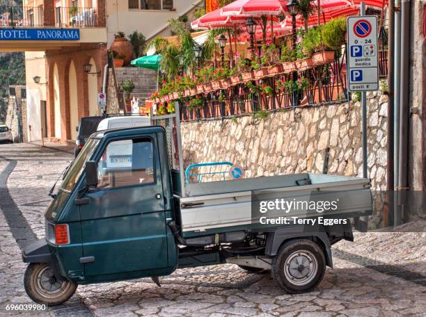 old three wheeled truck near castelmola at the top taromina - castelmola stock pictures, royalty-free photos & images