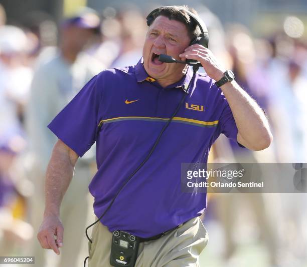 Head coach Ed Orgeron on the sidelines against Louisville during the Buffalo Wild Wings Citrus Bowl at Camping World Stadium in Orlando, Fla., on...