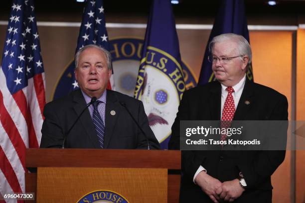 Rep. Michael Doyle and U.S. Rep. Joe Barton , both congressional baseball team coaches, speak on Capital Hill on June 14, 2017 in Washington, DC....