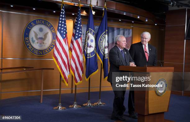 Rep. Michael Doyle and U.S. Rep. Joe Barton , both congressional baseball team coaches, speak on Capital Hill on June 14, 2017 in Washington, DC....