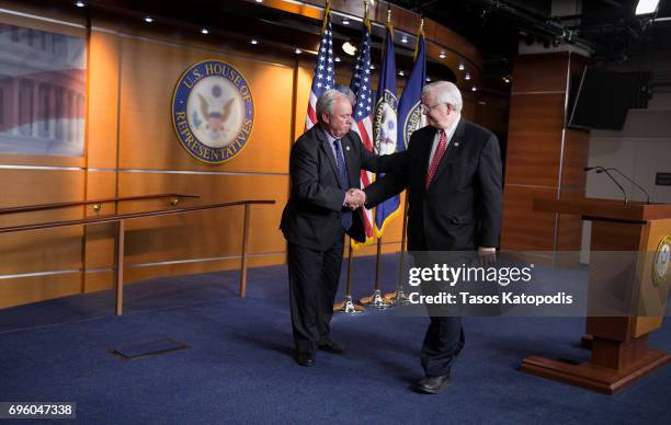 Rep. Michael Doyle and U.S. Rep. Joe Barton , both congressional baseball team coaches, speak on Capital Hill on June 14, 2017 in Washington, DC....