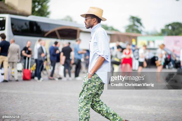 Guest is seen during Pitti Immagine Uomo 92. At Fortezza Da Basso on June 14, 2017 in Florence, Italy.