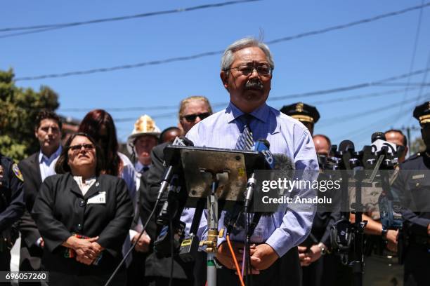 San Francisco's Mayor Ed Lee speaks to members of the press following a fatal shooting at a UPS packing facility in San Francisco, United States on...