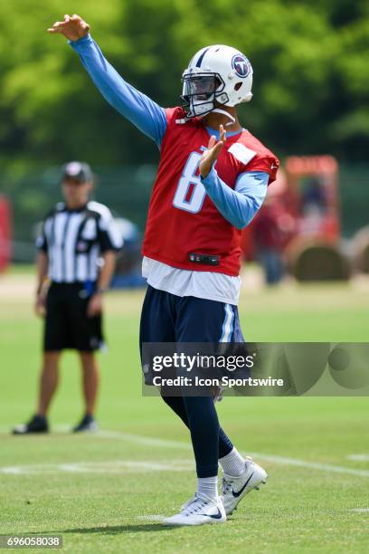 Tennessee Titans QB Marcus Mariota throws a pass during the Tennessee Titans minicamp on June 14, 2017 at Baptist Sports Park in Nashville, TN.