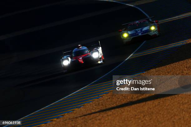 The Toyota Gazoo Racing TS050 of Yuji Kunimoto, Nicolas Lapierre and Jose Maria Lopez drives during practice for the Le Mans 24 Hour Race at Circuit...