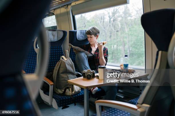 backpacker traveling on train - eating alone stock-fotos und bilder