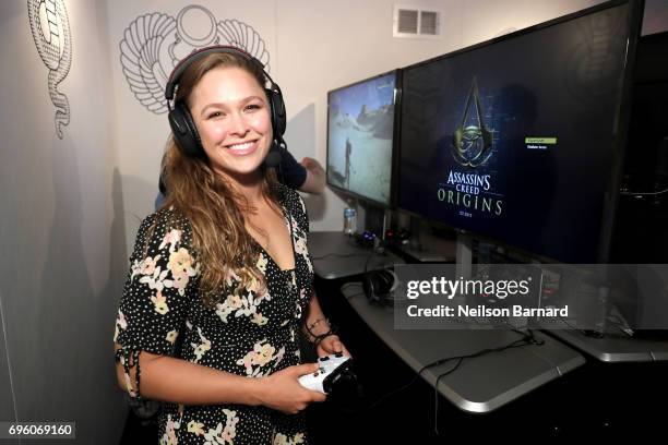 Ronda Rousey plays Assassin's Creed Origins during E3 2017 at Los Angeles Convention Center on June 14, 2017 in Los Angeles, California.