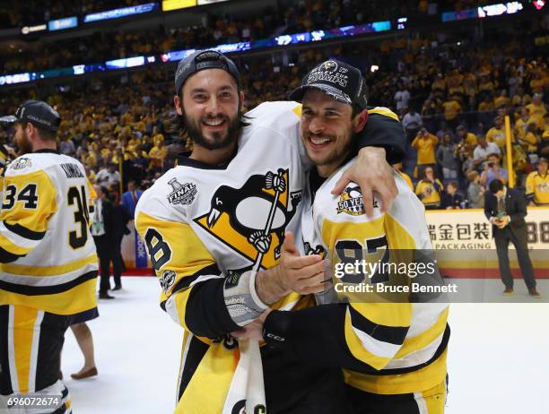 Kris Letang and Sidney Crosby of the Pittsburgh Penguins celebrate their Stanley Cup victory following a win over the Nashville Predators in Game Six...