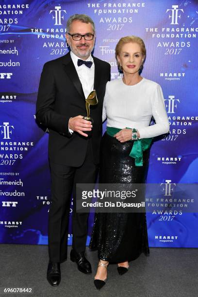 Marc Puig and Carolina Herrera pose backstage at the 2017 Fragrance Foundation Awards Presented By Hearst Magazines at Alice Tully Hall on June 14,...