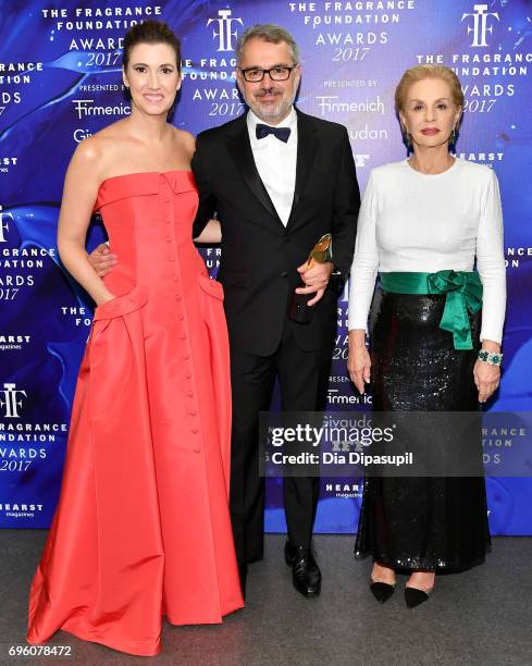 Elizabeth Musmanno, Marc Puig and Carolina Herrera pose backstage at the 2017 Fragrance Foundation Awards Presented By Hearst Magazines at Alice...