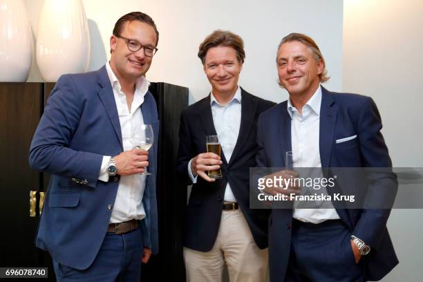 Robert Aschpurwis , Felix Brinkama and John Jahr Jr attend the Bell & Ross Cocktail Party at Elbphilharmonie show apartment on June 14, 2017 in...