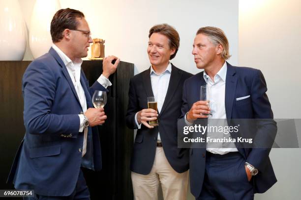 Robert Aschpurwis , Felix Brinkama and John Jahr Jr attend the Bell & Ross Cocktail Party at Elbphilharmonie show apartment on June 14, 2017 in...