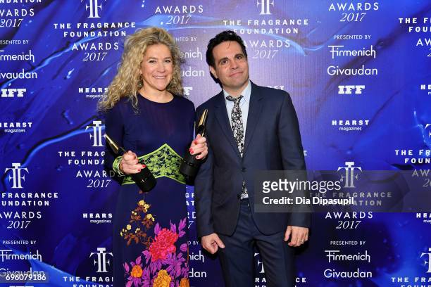 Celine Roux and Mario Cantone poses backstage at the 2017 Fragrance Foundation Awards Presented By Hearst Magazines at Alice Tully Hall on June 14,...