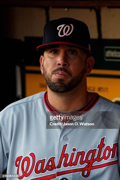 Oliver Perez of the Washington Nationals stands in the dugout before the game against the Oakland Athletics at the Oakland Coliseum on June 2, 2017...