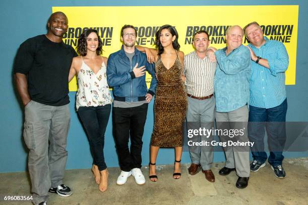 Actors Terry Crews, Melissa Fumero, Andy Samberg, Stephanie Beatriz, Joe Lo Truglio, Dirk Blocker and Joel McKinnon Miller arrive for the Fox's...