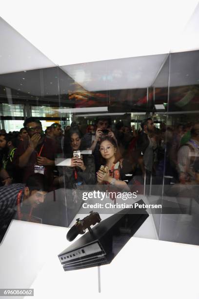 The upcoming 'XBox One X' is displayed during the Electronic Entertainment Expo E3 at the Los Angeles Convention Center on June 13, 2017 in Los...