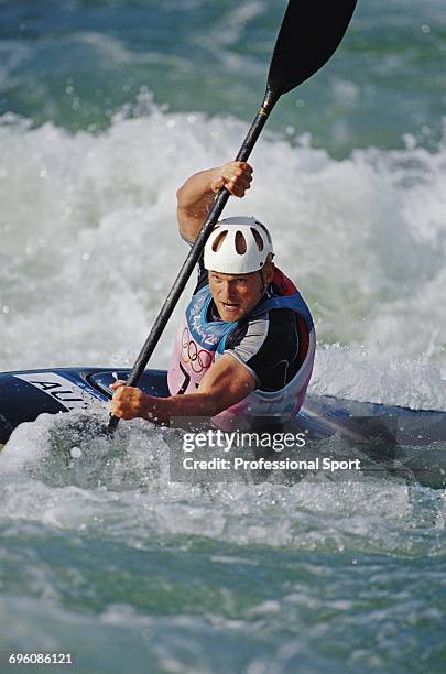Austrian slalom canoeist Helmut Oblinger competes for Austria to finish in fourth place in the Men's slalom K-1 kayak canoe event held at the Penrith...