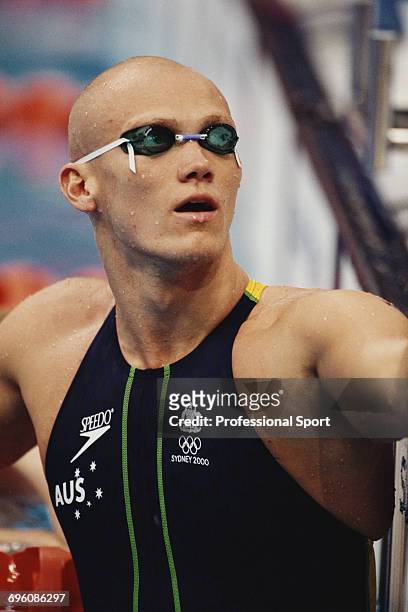 Australian swimmer Michael Klim pictured after the Australia relay team finished in first place in a world record time in the men's 4 x 100 metre...