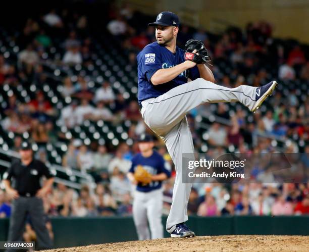 Marc Rzepczynski of the Seattle Mariners throws to the Minnesota Twins in the ninth inning of their baseball game on June 14, 2017 at Target Field in...