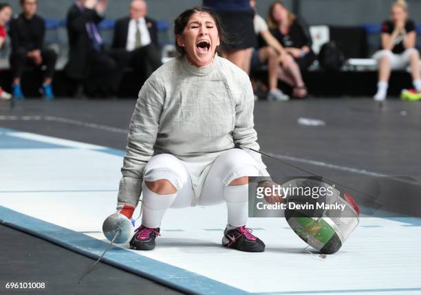 Paola Pliego of Mexico celebreates a victory during the Women's Sabre event on June 14, 2017 at the Pan-American Fencing Championships at Centre...
