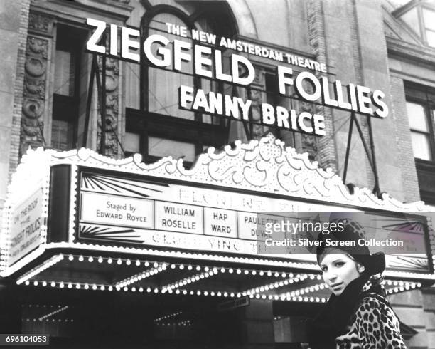 American actress and singer Barbra Streisand outside the New Amsterdam Theatre in New York, home of the Ziegfeld Follies, 1968. Streisand is playing...