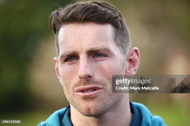Bernard Foley speaks to media during an Australian Wallabies media opportunity at Lough Playing Fields on June 15, 2017 in Sydney, Australia.