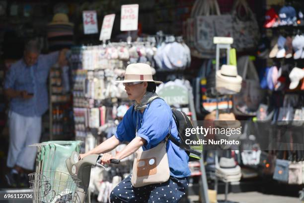 Lady bikes near a souvenir shop near Notre Dame Cathedral in Paris, as visitor numbers dropped in wake of terrorist attacks. The Louvre Museum in the...