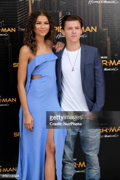 Zendaya and Tom Holland attend a photocall for 'Spider-Man: Homecoming' at the Villa Magna Hotel on June 14, 2017 in Madrid, Spain.