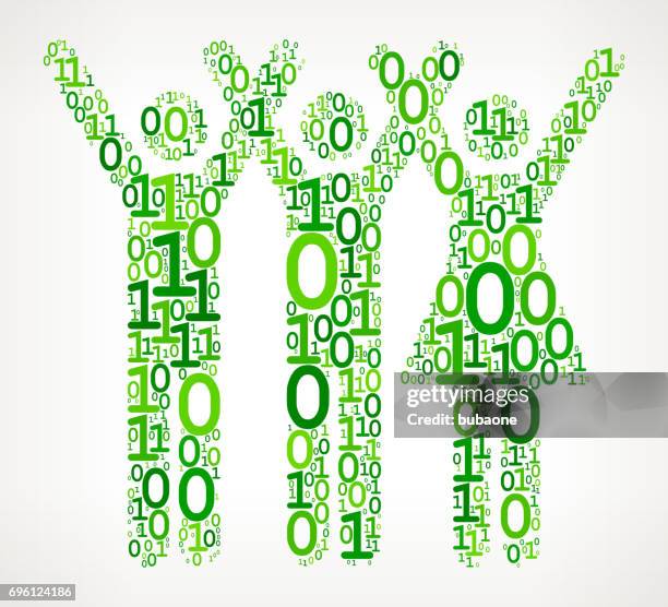 three people rasing hands binary code zero one vector illustration - virtual exercise stock illustrations