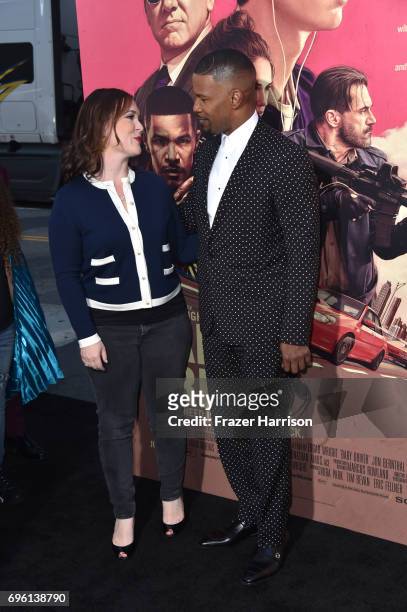 Producer Nira Park and actor Jaime Foxx and arrive at the Premiere of Sony Pictures' "Baby Driver" at Ace Hotel on June 14, 2017 in Los Angeles,...