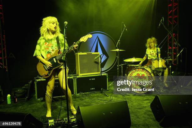 Lindsey Troy and Julie Edwards of Deap Vally perform on stage during Volcom and Georgia May Jagger celebrate the premiere collection launch of Volcom...