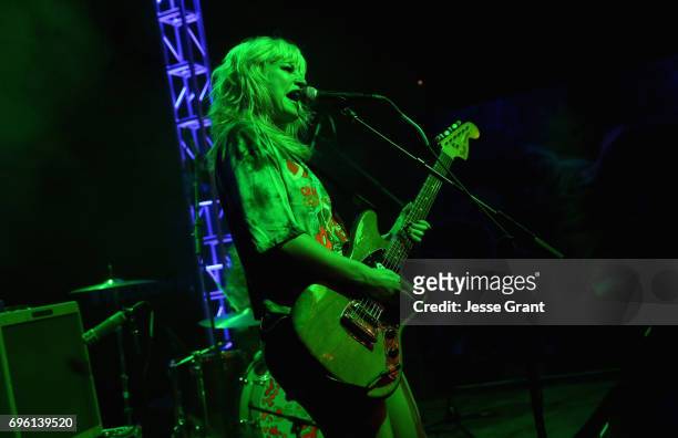 Lindsey Troy of Deap Vally performs on stage during Volcom and Georgia May Jagger celebrate the premiere collection launch of Volcom x GMJ at Start...