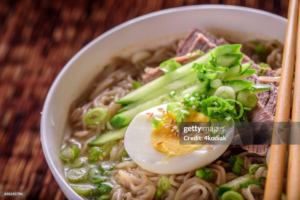 Buckwheat , Soba,Noodle Soup with Cucumber and Boiled Eggs , Beef